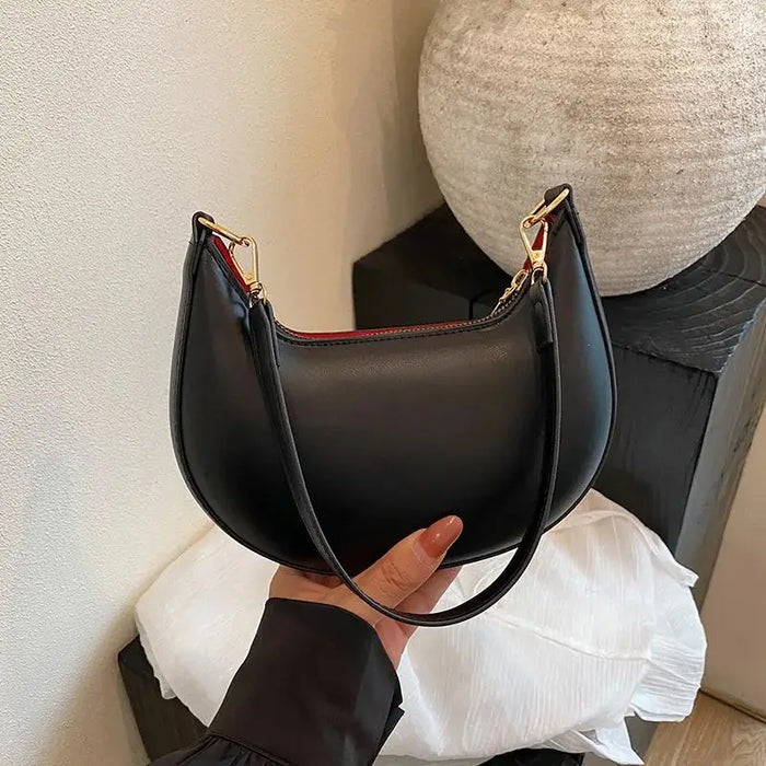 Women's Crescent Half-Moon Shoulder Bag | Smooth Matte PU Leather | Gold-Tone Zip | Adjustable Strap | Brown · Black · Coffee
