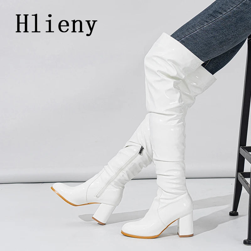 Women's Thigh High Patent Leather Boots – Square Heel Over-the-Knee Zip Boots | EU 35–42 | 3 Colors