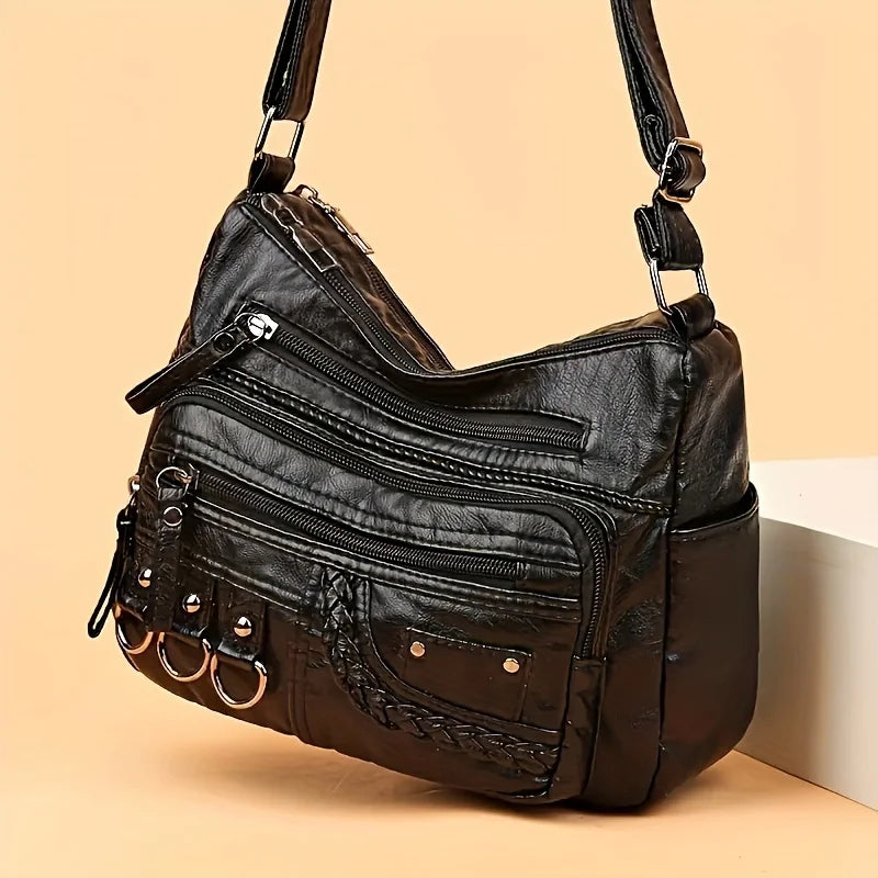 Vintage Multi-Pocket Crossbody Bag | Braided Trim & Ring Details | Braviixx