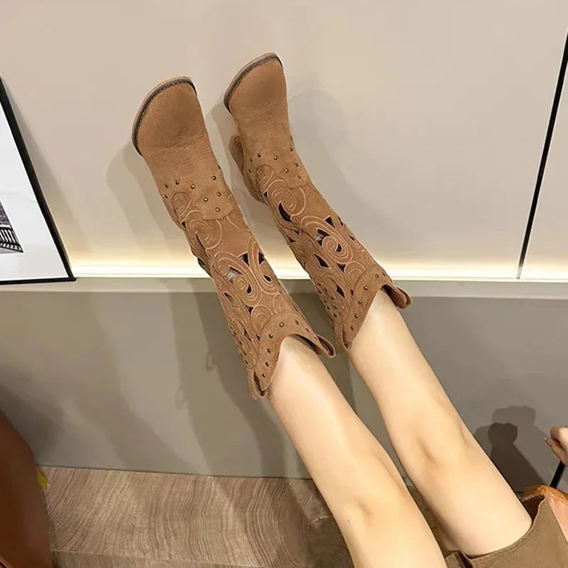 Hollow Embroidered Vintage Western Boots Women 2026 Autumn Chunky Heels Knee High Cowboy Boots Woman Pu Leather Knight Booties