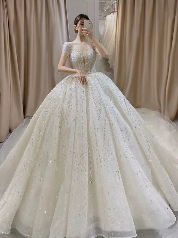 Lace & Beaded Wedding Ball Gown | Cap Sleeves | Braviixx