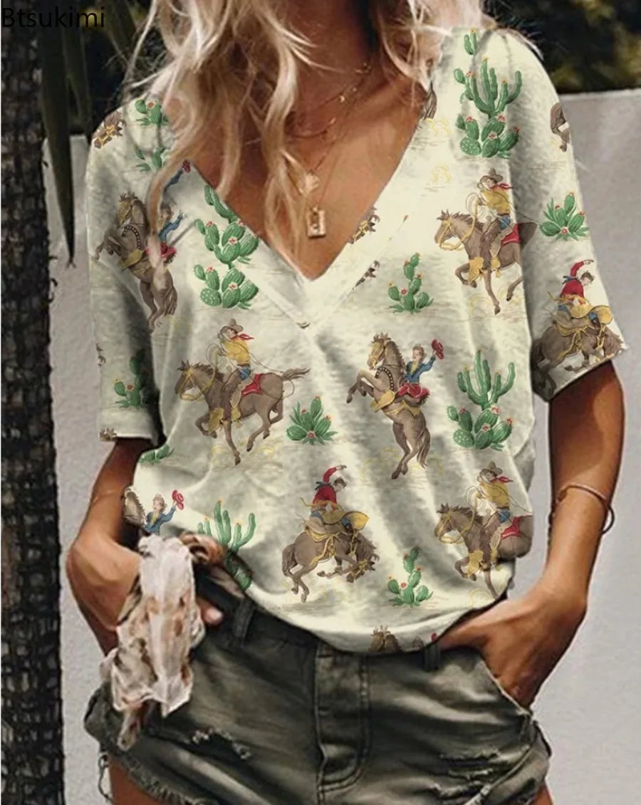 2026 Summer Floral Women's V-Neck Digital Printing T-Shirt Denim Short Sleeve Western Style New Arrival Polyester Fiber T-Shirt