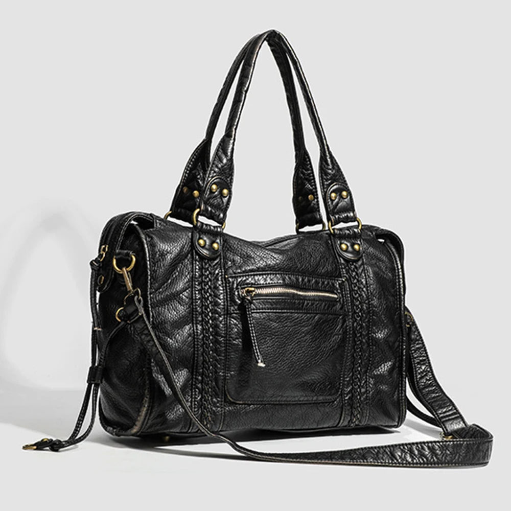 Leather Retro Shoulder Bag for Women with Pockets Utility Handbags Top Handle Bag Shopper Bag for Work Travel