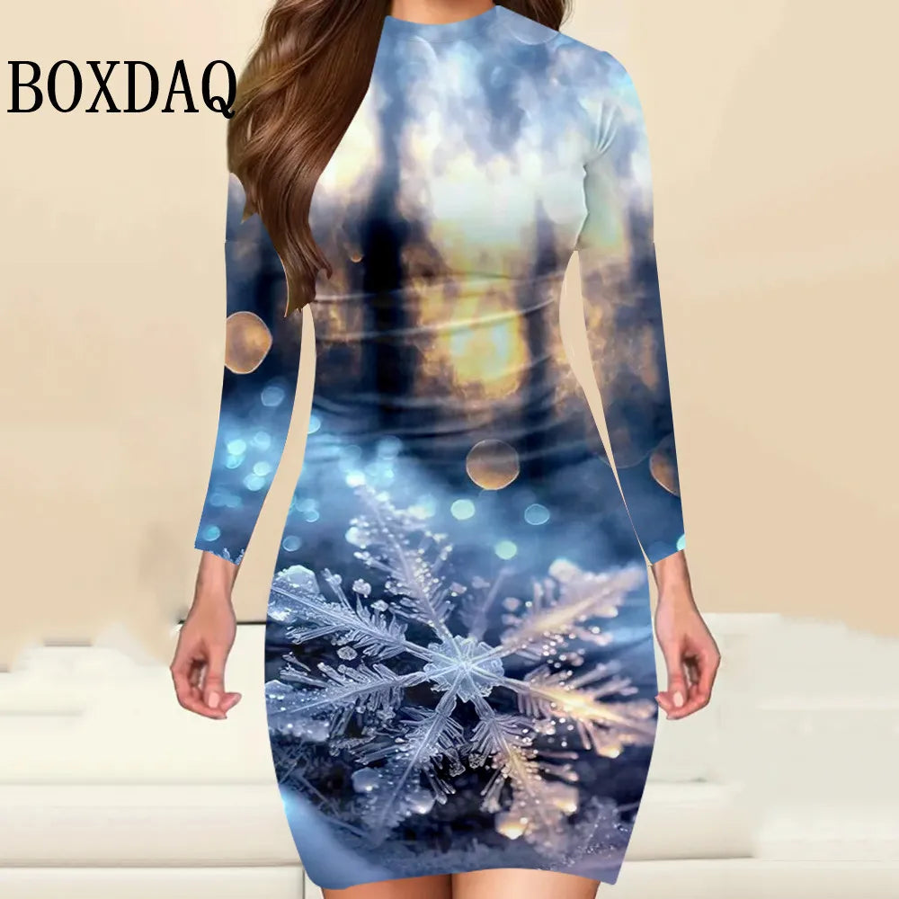Christmas Print Bodycon Mini Dress | Long Sleeves | Braviixx