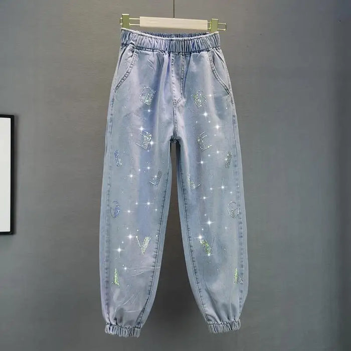 High waisted Jeans For Summer 2026 New Loose Elastic waist Hot pressed Diamond Pants Women's Casual Denim Trousers