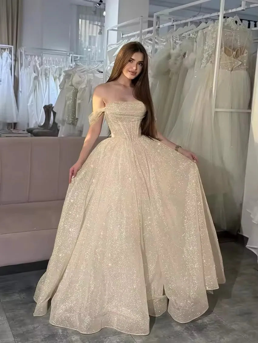 Off-Shoulder Glitter Tulle A-Line Gown | Formal Prom & Wedding Party Evening Dress