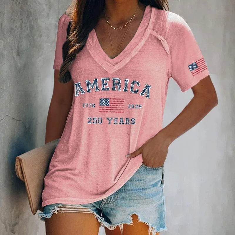 Women's America 250 Print T-Shirts Casual Loose Short Sleeve V Neck Tops Summer Tees 2026 New Arrival