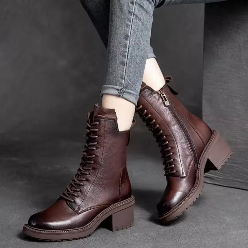 Lace-Up Boots | Side Zip & Block Heel | Braviixx