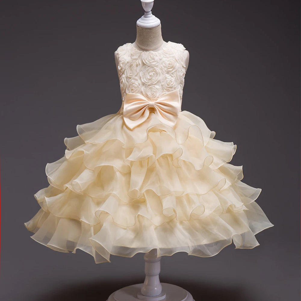 Girls Satin Rose Flower-Girl Dress | Layered Wedding Party Dress | 3–4Y to 9–10Y | Braviixx