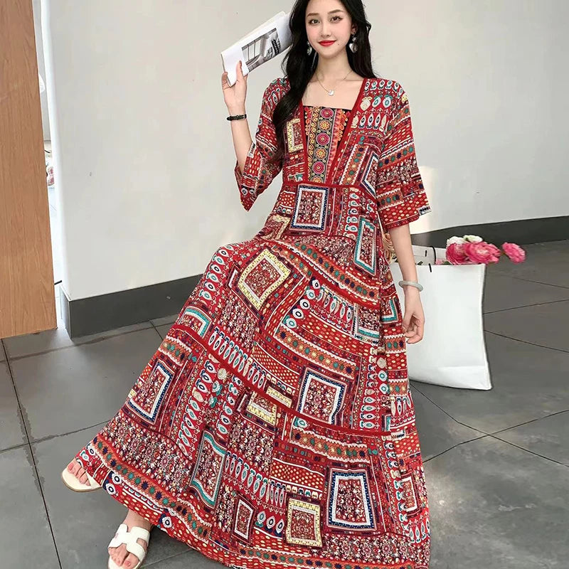 Boho Print Maxi Dress | Square Neck & Tiered Skirt | Braviixx