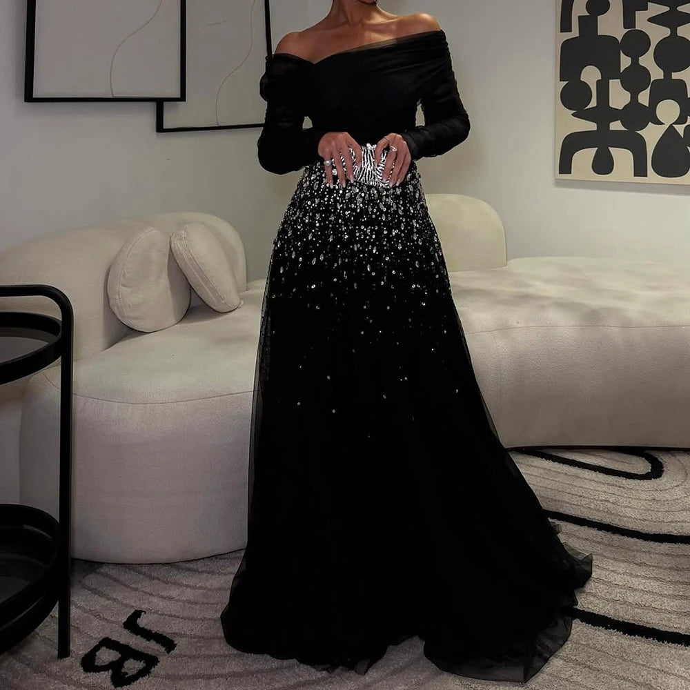 Black Off-Shoulder Evening Gown | Embellished Waist & Long Sleeves | Braviixx