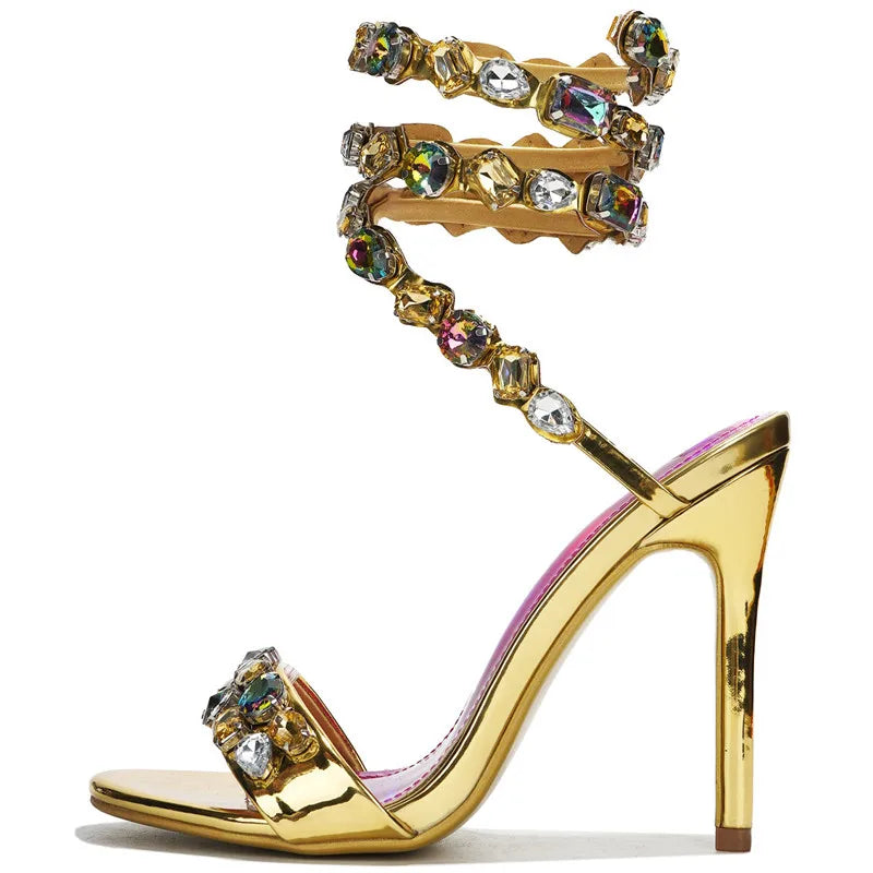 Rhinestone Wraparound Sandals | 9.6 cm Stiletto Heels | Braviixx