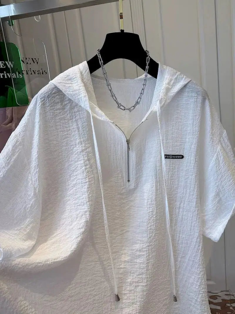 Oversized T Shirts Women Summer Hooded Short Sleeve T-shirt French Thin Tops Fashion Loose Design Niche Hoodie Tshirt Woman 2026