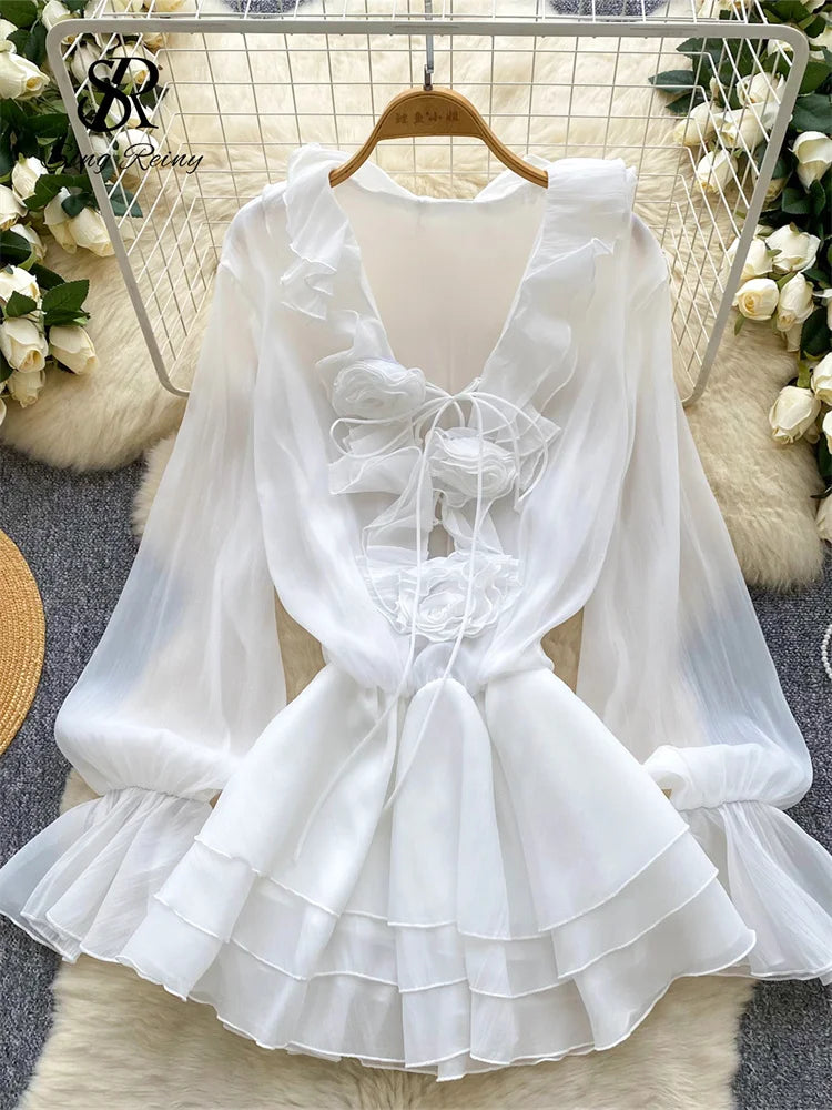 SINGREINY 3D Floral Beach Short Dress Female Long Sleeves Lace Up Ruffle Chiffon Cake Sundress Sheer Sexy Vintage Bohemian Dress
