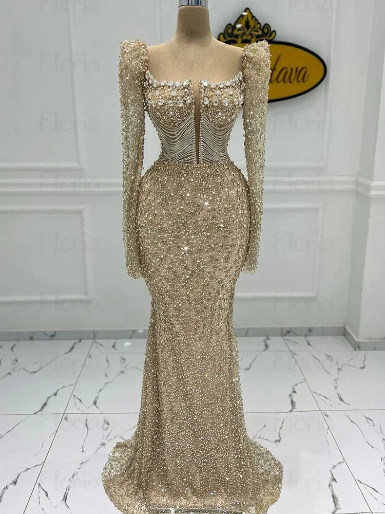 Champagne Embellished Mermaid Gown | Long Sleeves | Braviixx