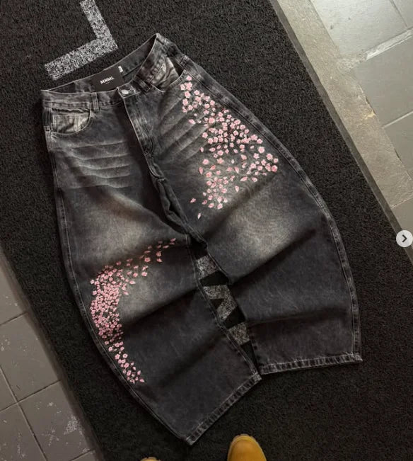 2026 Gray and White Retro Low Waist Hip Hop Cherry Blossom Embroidered Jeans Wide Leg Pants Y2K Clothes Men Women Loose Jeans