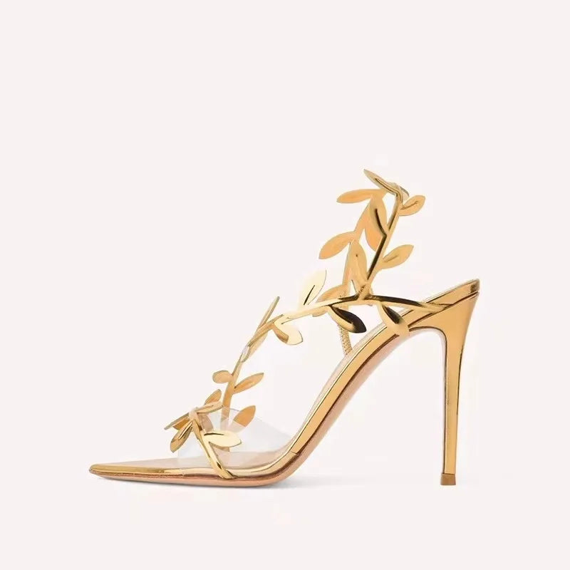 Gold Leaf-Detail Sandals | Open-Toe Stiletto Heels | Braviixx