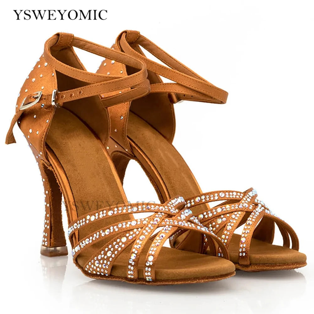 Women's Brown Rhinestone Latin Dance Heels | Braviixx