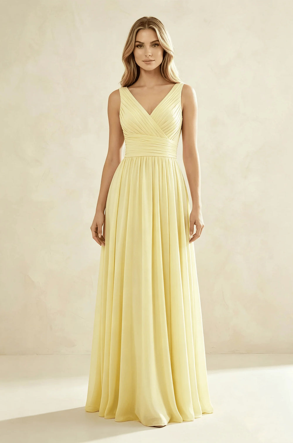 Deep V-Neck Sleeveless Chiffon A-Line Maxi Gown | Pleated Formal Wedding Guest Dress