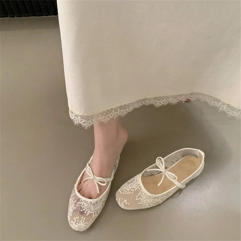 2026 Women Spring Summer Ballet Flat Shoes Breathable Mesh Embroidery Fashion Flats Lovely Bow Knot Female Daily Walking Sandals