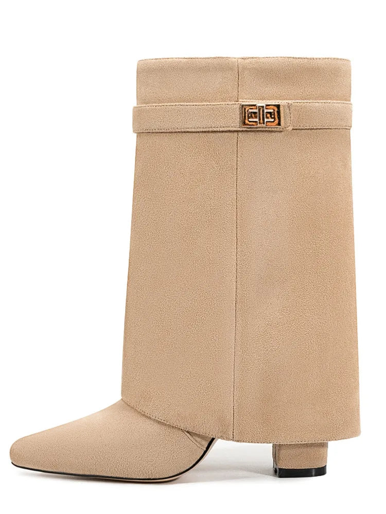 2025Autumn and Winter New Pointed Metal Buckle Knee High Women's Boots, Thick High-heeled Pants Boots, Fashionable Mid Leg Boots
