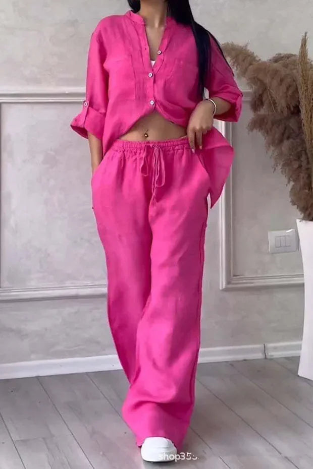 2026 Women Wide Leg Pants with Shirt Two Piece Sets Versatile Loose Casual Suits Chic Comfy Cotton Linen Streetwear Sets Femme