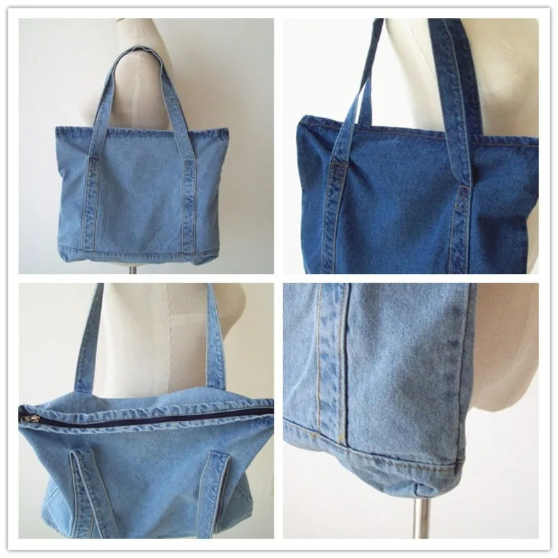Women's Large Capacity Denim Tote Bag | Zipper · Front Pocket · Shoulder Bag | Dark Navy · Sky Blue | Braviixx