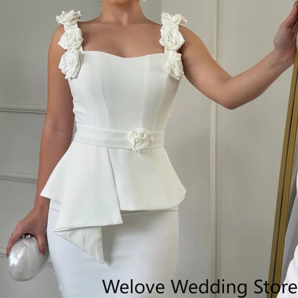 Customized Elegant White Wedding Guest Cocktail Dress 3D Flower Decorated Shoulder Straps Corset Bodice Floral Waist
