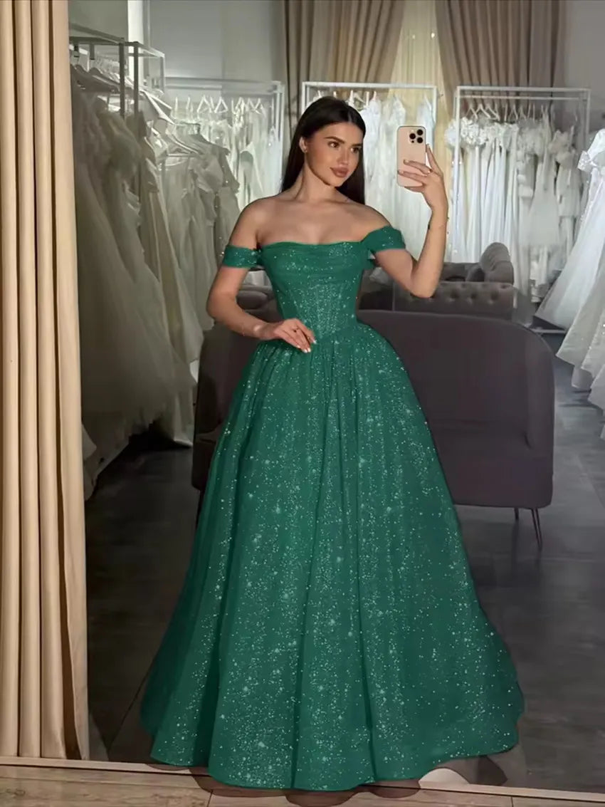Off-Shoulder Glitter Tulle A-Line Gown | Formal Prom & Wedding Party Evening Dress
