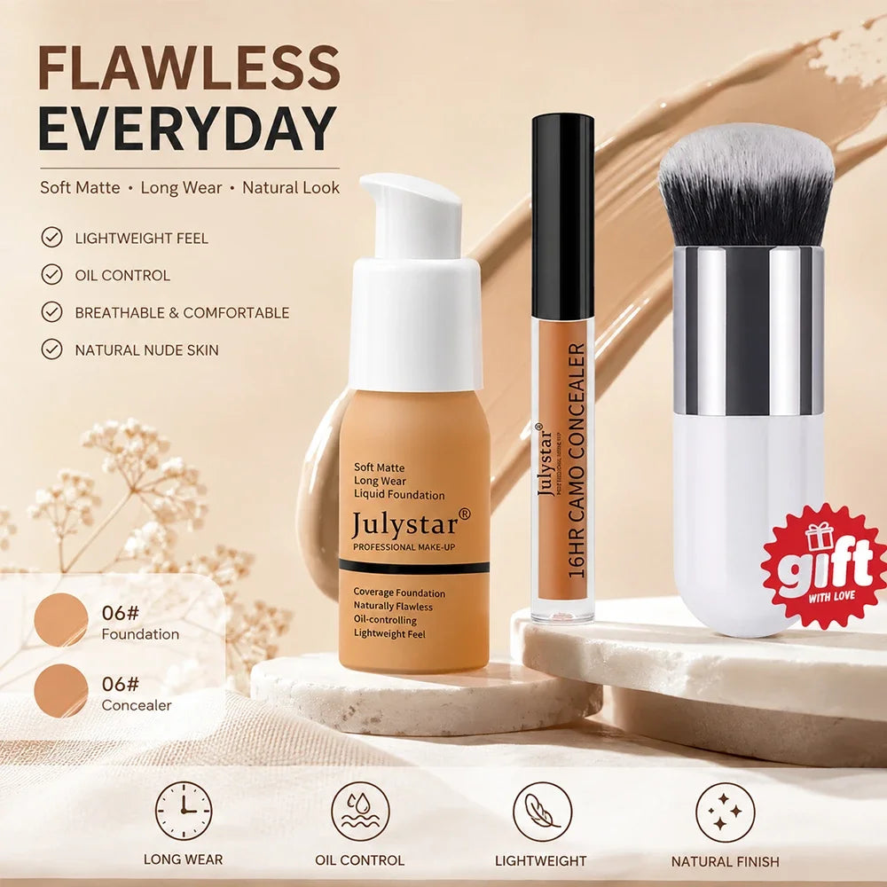 3-Piece Foundation & Concealer Makeup Kit | Brush Included | Braviixx