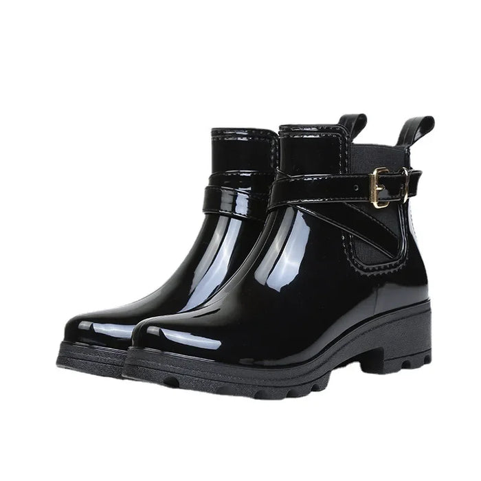 Glossy Ankle Rain Boots | Buckle Detail & Elastic Panels | Braviixx