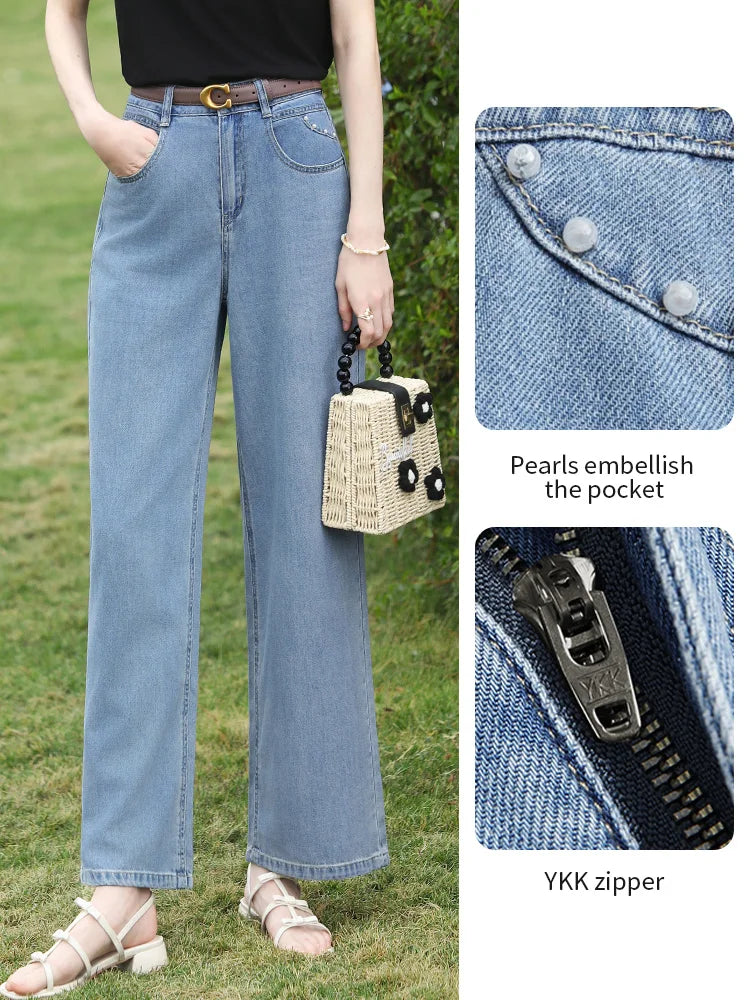I BELIEVE YOU Light Blue Wide Leg Jeans 2026 Spring High Waist Loose Fit Pants Beading Straight Leg Denim Pants 2261166334