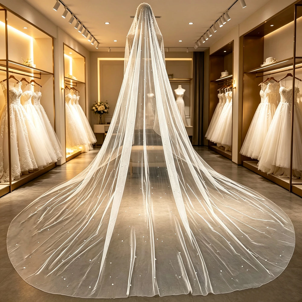 Pearl-Beaded Cathedral Bridal Veil | Single Tier with Comb | Braviixx