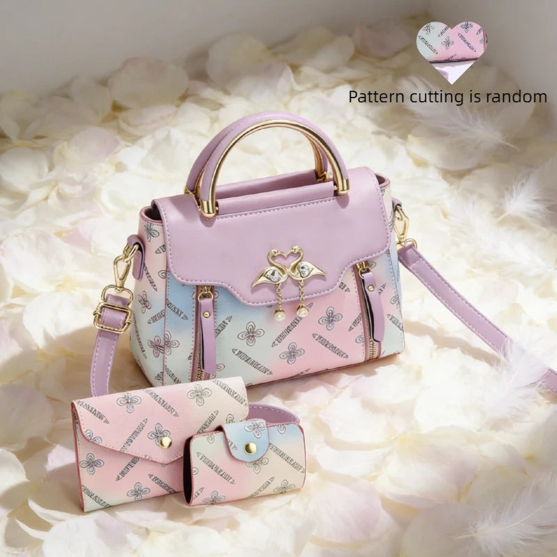 Women's Swan Charm Gradient PU Handbag 3-Piece Set | Shoulder · Crossbody · Wallet | 5 Colours | Braviixx