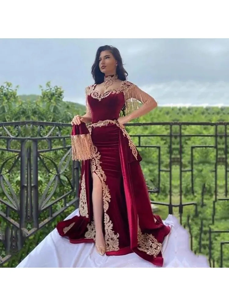 Appliqué Evening Gown | Shoulder Fringe & High Slit | Braviixx