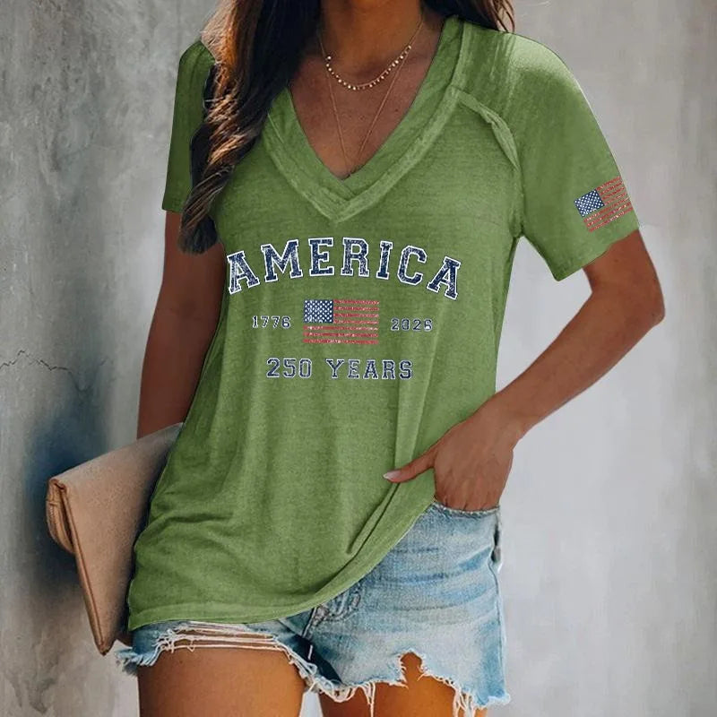 Women's America 250 Print T-Shirts Casual Loose Short Sleeve V Neck Tops Summer Tees 2026 New Arrival