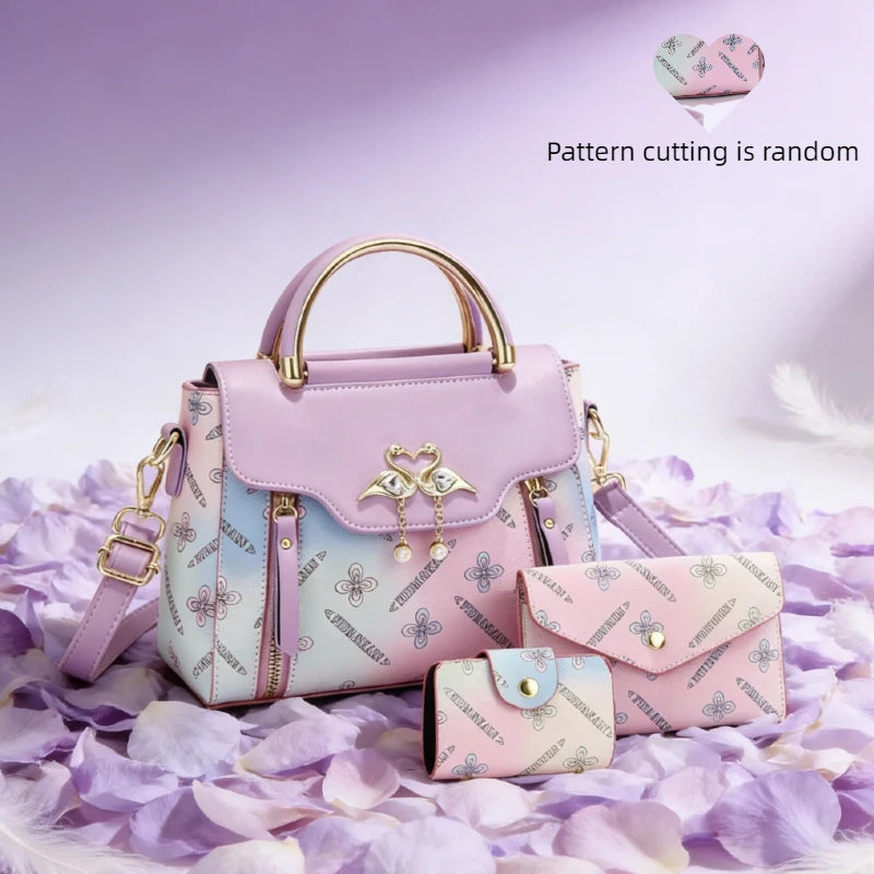 Women's Swan Charm Gradient PU Handbag 3-Piece Set | Shoulder · Crossbody · Wallet | 5 Colours | Braviixx