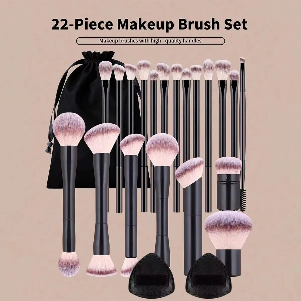 22-Piece Makeup Brush Set | 20 Brushes, 2 Powder Puffs & Bag | Braviixx