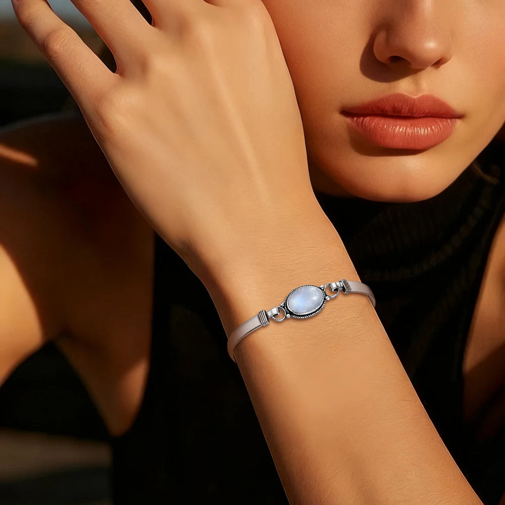 Vintage 925 Silver Natural Oval Moonstone Bangle 7.5 inches Handmade Bangle Fine Jewelry Valentines Gift for Girlfriend Women