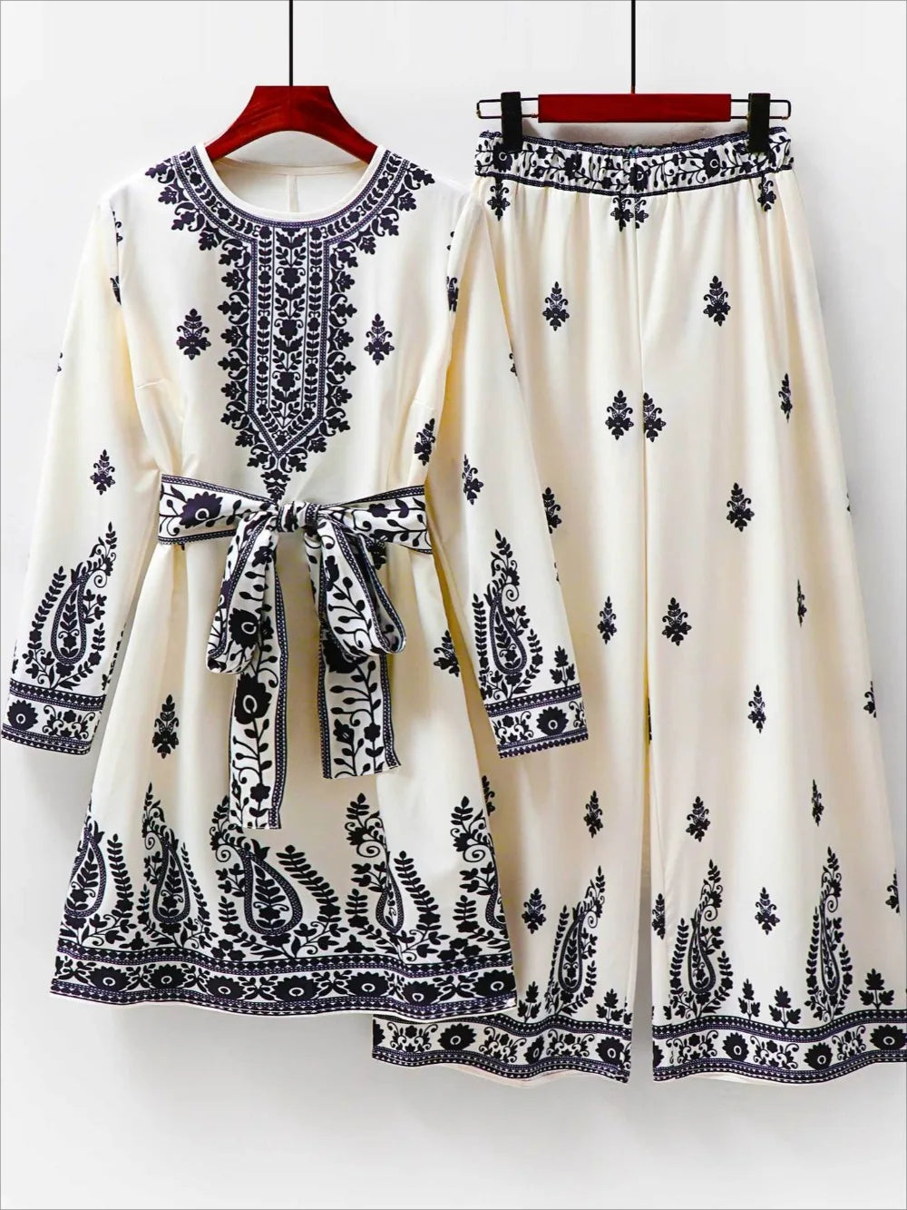 Paisley Print Tunic & Wide-Leg Trouser Set | Apricot | Braviixx