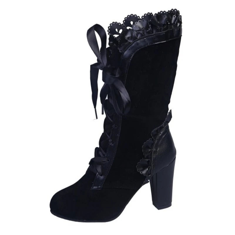 Women's Black Ribbon Lace-Up Boots | Block Heel | Braviixx