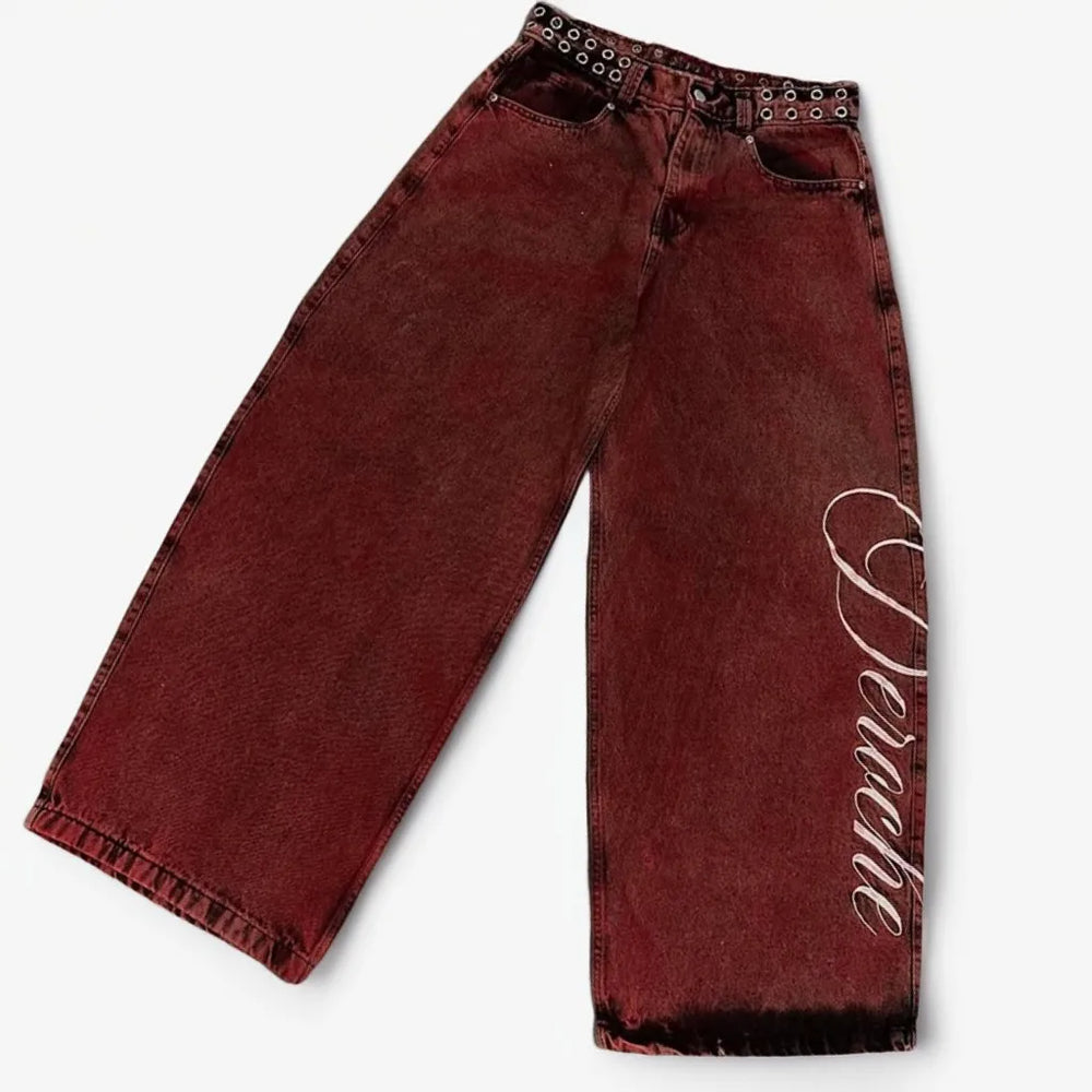 Vintage 2000s Washed Red Rivet Waist Belt Jeans Casual Denim Pants Straight Wide Leg Jeans Harajuku Y2k Women Clothing