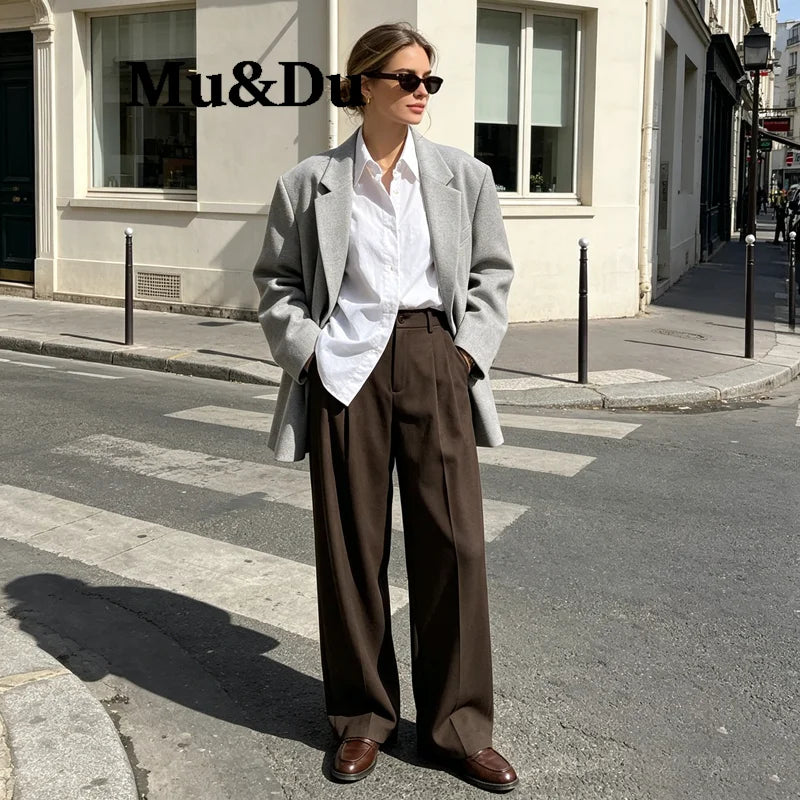 2026 Fall Winter Elegant Gray Suits Pants for Women Office Lady High Waist Wide Leg Fashion Trousers with Pockets Black Pant