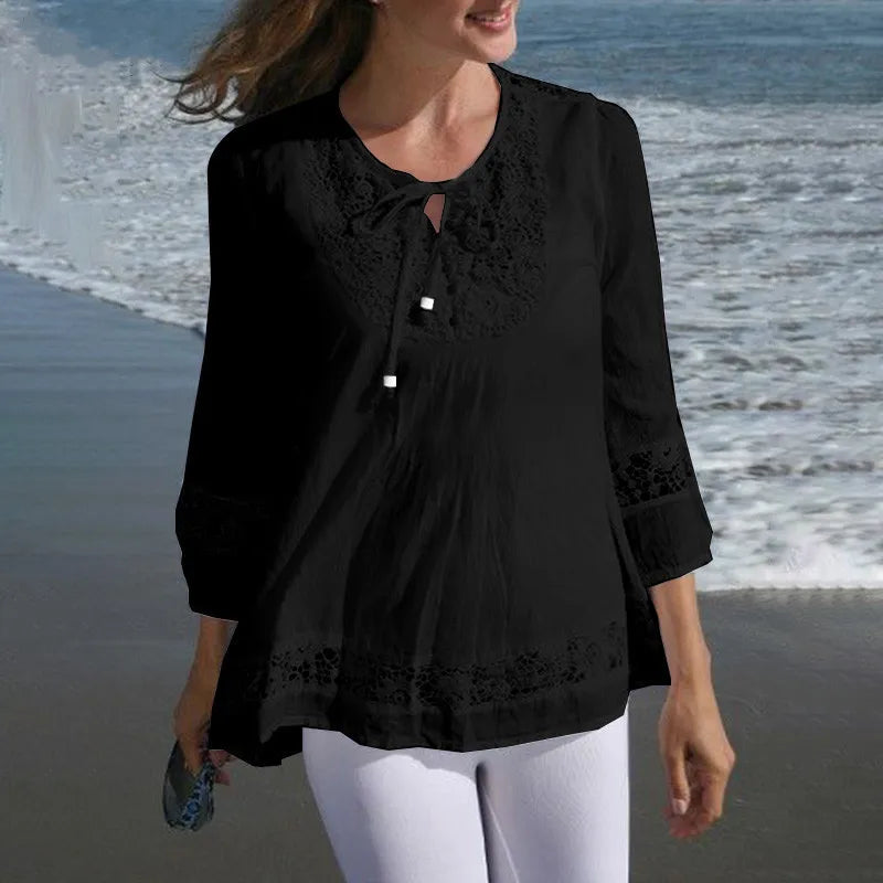 Elegant Women's Shirts White Blouse 2025 Spring New Cotton Linen Lace Long Sleeve Top Lady Blouses Camisas De Mujer Lady Blouses