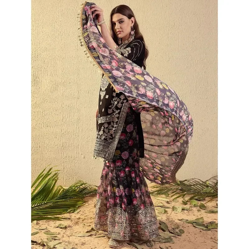 Embroidered Punjabi Suit | Floral Sharara & Dupatta Set | Braviixx