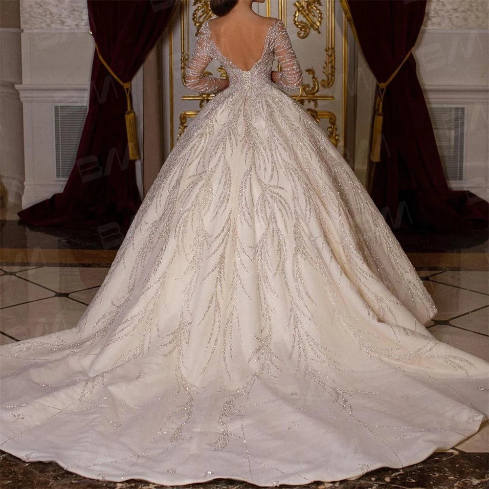 Beaded Long Sleeve Wedding Ball Gown | Chapel Train | Braviixx