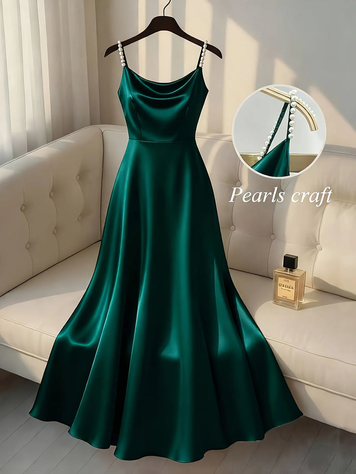 Pearl Strap Satin Slip Retro Dress. Simple in Design, Stylish and Elegant, Ideal for Parties, Weddings, Dates and Daily Commutin
