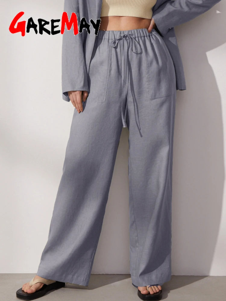 Cotton Linen Pants for Women Stacked Loose Vintage Solid Basic High Waist Wide Leg Khaki Trousers Summer Women's Pants
