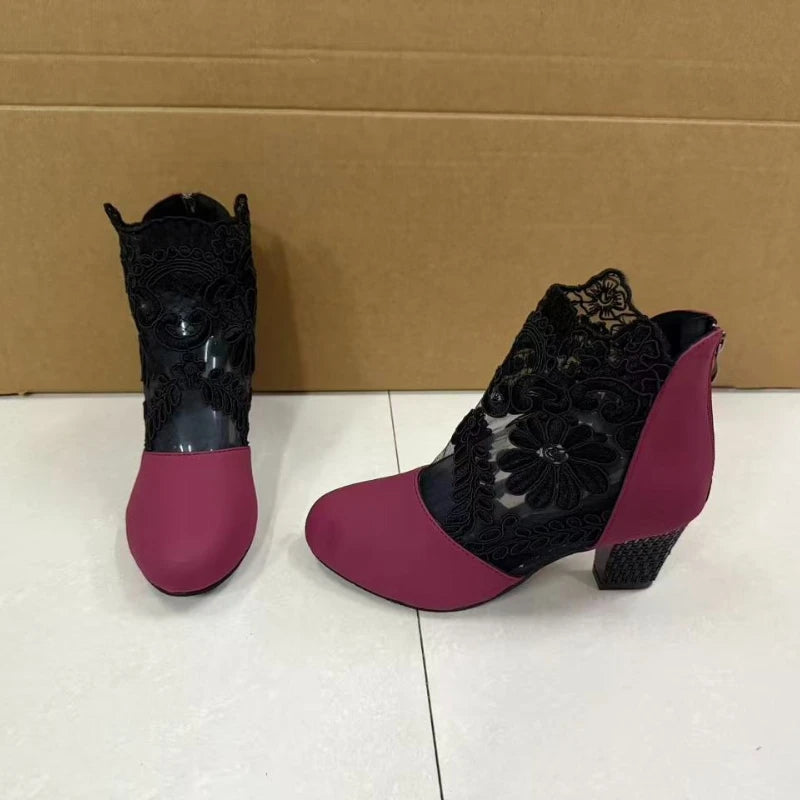Women's Floral Lace Ankle Boots | Embellished Block Heels | Braviixx