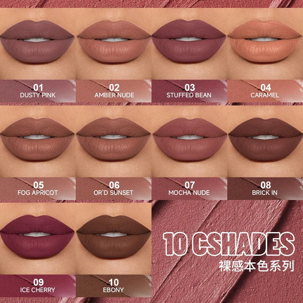 LACHAVA Velvet Matte Lip Mud 10 Shades Nude Lip Gloss Waterproof Long Lasting Pigmented Lipstick Non-stick Cup Makeup Cosmetics